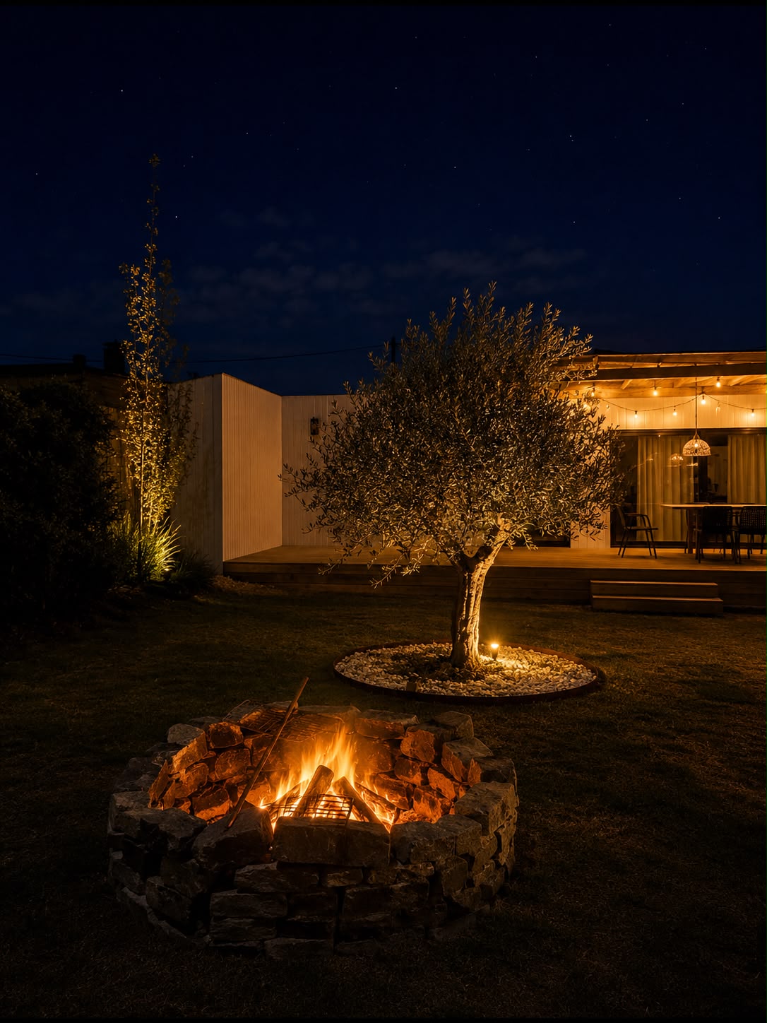 Fogón encendido en el jardín, de noche, con la casa iluminada al fondo